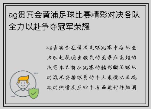 ag贵宾会黄浦足球比赛精彩对决各队全力以赴争夺冠军荣耀
