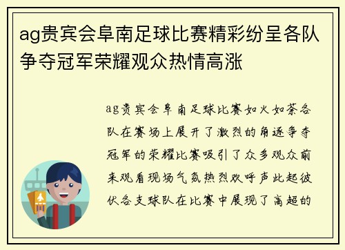 ag贵宾会阜南足球比赛精彩纷呈各队争夺冠军荣耀观众热情高涨